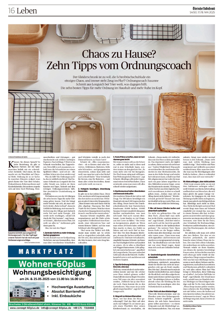 Trierischer Volksfreund Artikel über Ordnungscoach Susanne Schmitt Erscheinungsdatum 17.05.2025